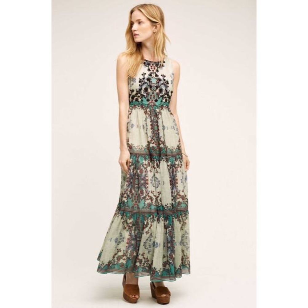 Anthropologie Madera Maxi Dress Cream and Teal Floral 6 Petite Dress